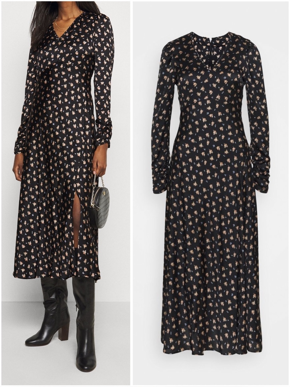 Maje Black Dress with Beige Floral Print — Long Sleeve Midi